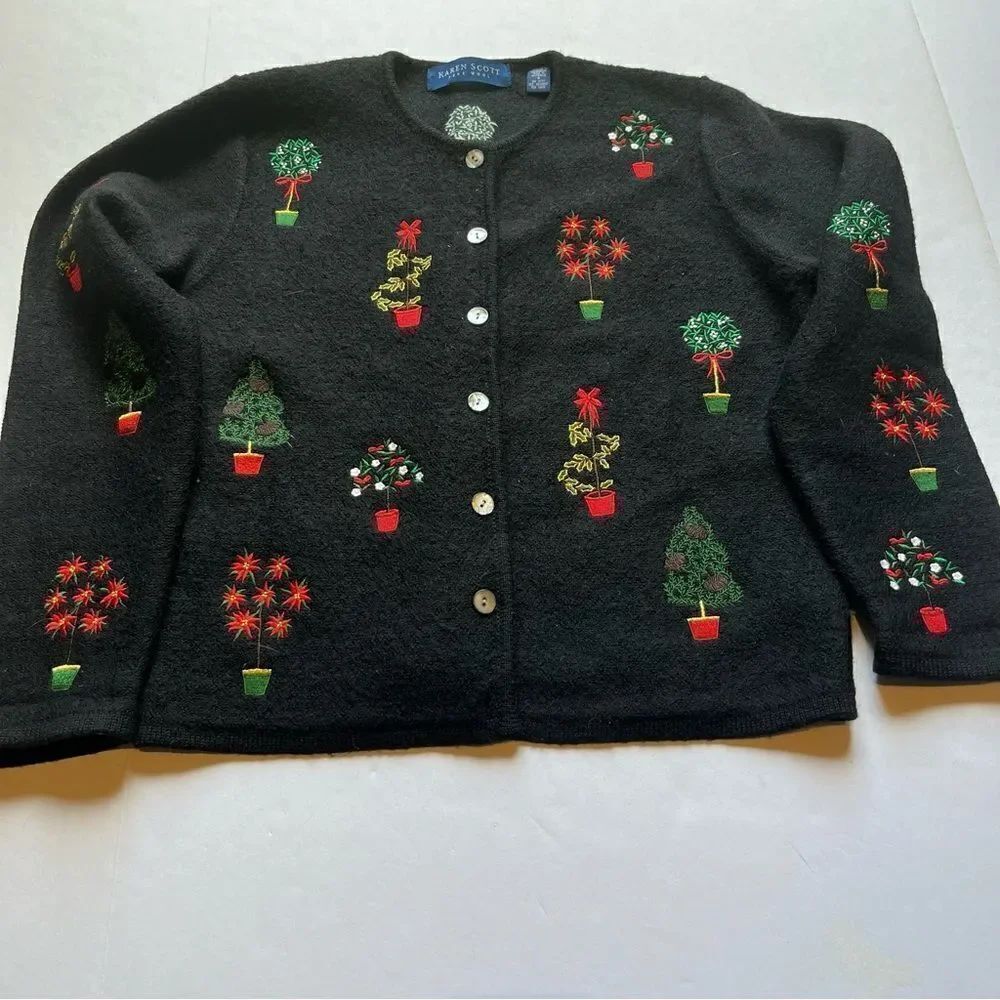 Karen Scott Women's Holiday Wool Cardigan Sweater Black/Green/Red Multi Small